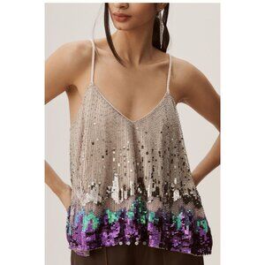 Let Me Be / Anthropologie Sequin Fringe Cami Top S Beige Purple Green Lined